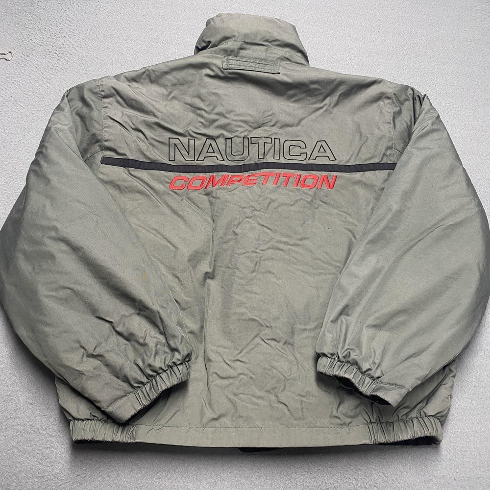 Vintage Nautica Competition Jacket Mens Medium Green Reversible Fleece Bomber